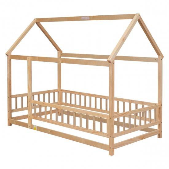 Twin Size Floor Wooden Bed with House Roof Frame, Fence Guardrails,(Old SKU:W504105240)