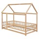 Twin Size Floor Wooden Bed with House Roof Frame, Fence Guardrails,(Old SKU:W504105240)