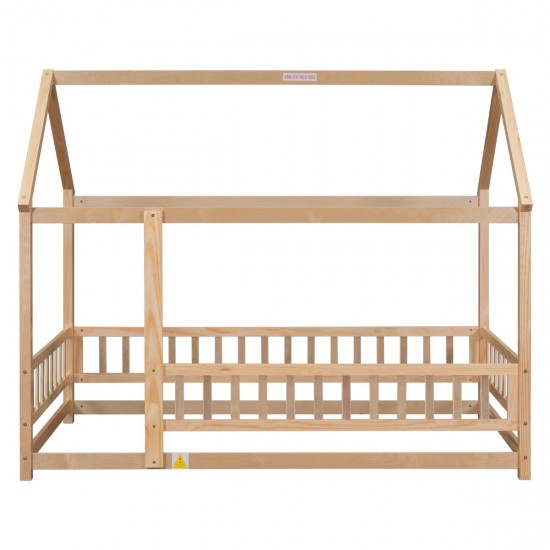 Twin Size Floor Wooden Bed with House Roof Frame, Fence Guardrails,(Old SKU:W504105240)