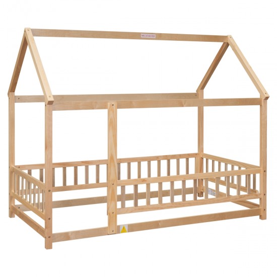 Twin Size Floor Wooden Bed with House Roof Frame, Fence Guardrails,(Old SKU:W504105240)