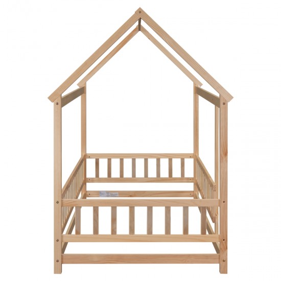 Twin Size Floor Wooden Bed with House Roof Frame, Fence Guardrails,(Old SKU:W504105240)