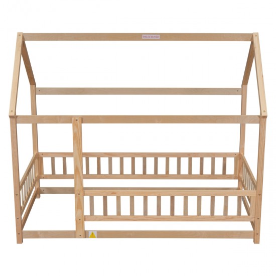 Twin Size Floor Wooden Bed with House Roof Frame, Fence Guardrails,(Old SKU:W504105240)