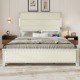 Queen Size Bed Frame with Upholstered Headboard and  4 Storage Drawers , Queen Bed Frame with Charging Station and LED Lights, Wood Slats, Beige Faux Leather & Rivets, No Box Spring Needed