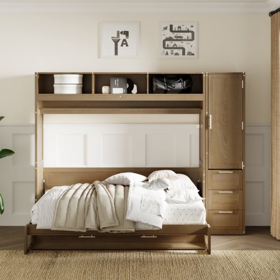 Full Size Murphy Bed with Wardrobe, Drawers and Open Shelves, Antique Grey(Expected Arrival Time: 8.15)