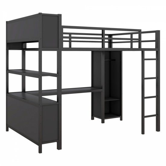 Metal Loft Bed with Wardrobe And L-shaped Desk, Full Size Loft Bed with Storage Cubes and Shelves, Heavy Duty Loft Bed for Kids Teens Adults, Black(Pre-sale date: August 10th)