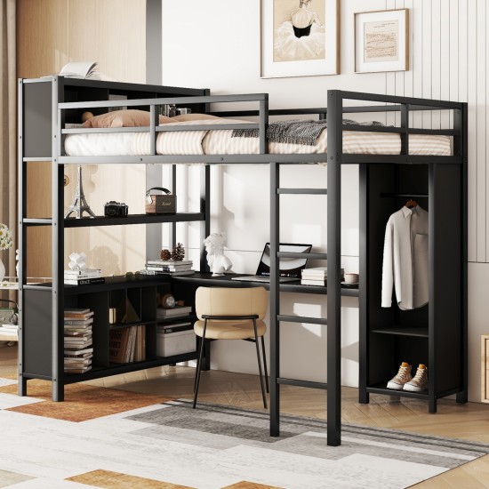 Metal Loft Bed with Wardrobe And L-shaped Desk, Full Size Loft Bed with Storage Cubes and Shelves, Heavy Duty Loft Bed for Kids Teens Adults, Black(Pre-sale date: August 10th)