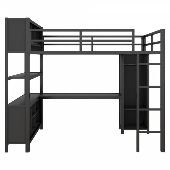 Metal Loft Bed with Wardrobe And L-shaped Desk, Full Size Loft Bed with Storage Cubes and Shelves, Heavy Duty Loft Bed for Kids Teens Adults, Black(Pre-sale date: August 10th)