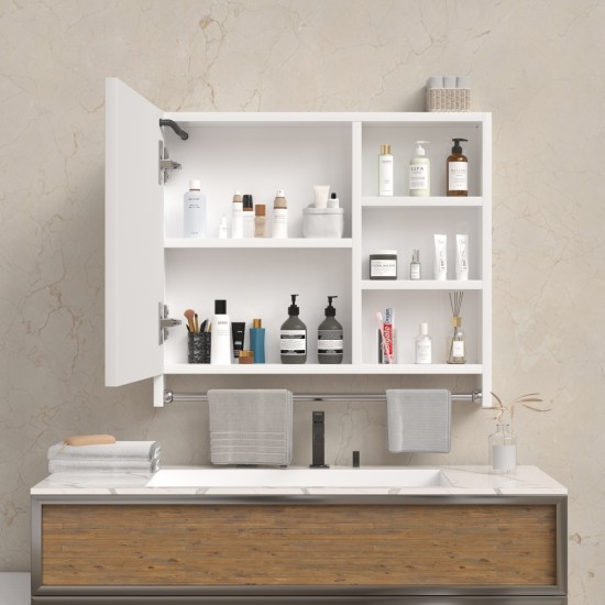 Modern 32x28inches bathroom cabinets, medicine cabinets with mirrors and LED lights, bathroom lockers with multilevel storage compartments and towel rails