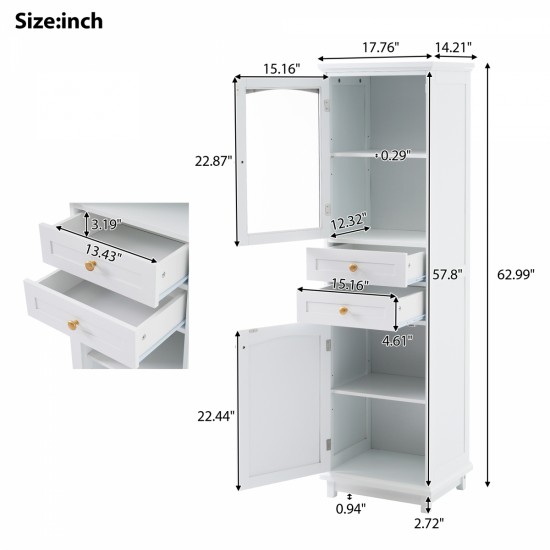 Tall Bathroom Storage Cabinet with Glass Doors, Free-Standing, Two Drawers, and Adjustable Shelves, MDF Board, Painted white - Perfect for Displaying Your Favorite Items