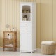 Tall Bathroom Storage Cabinet with Glass Doors, Free-Standing, Two Drawers, and Adjustable Shelves, MDF Board, Painted white - Perfect for Displaying Your Favorite Items