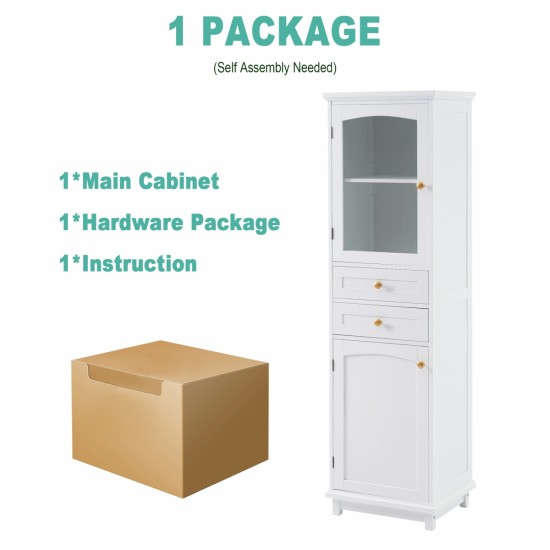 Tall Bathroom Storage Cabinet with Glass Doors, Free-Standing, Two Drawers, and Adjustable Shelves, MDF Board, Painted white - Perfect for Displaying Your Favorite Items