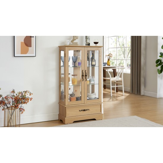 Glass Cabinet Lighted Glass Cabinet Curio Display Cabinet with Adjustable Glass Shelves 2 Doors and 1 drawer Cabinet Bulb Included OAK