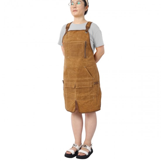 Long Heavy Duty Waxed Canvas Tool Apron, Carpenter Aprons, Woodworking Aprons, Carpenters Water-Resistant 18 Oz ,Fully Adjustable to Comfortably Fit Men and Women