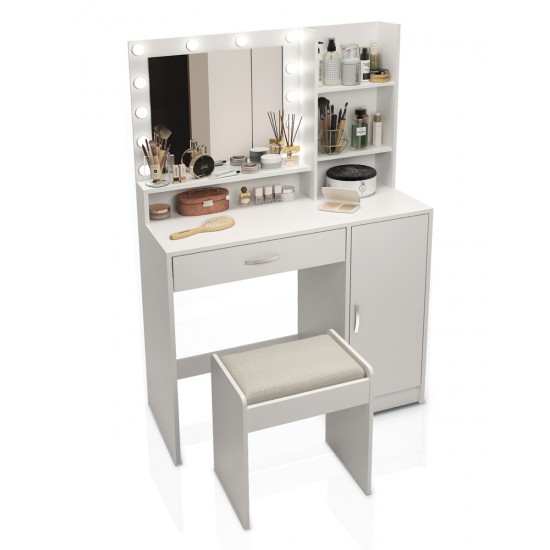 Vanity Desk with Mirror & Light, Large Drawer Three Level Storage Dresser, 3 Lighting Modes Adjustable Brightness, Bedroom Dressing Table (White with Stool)