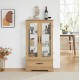 Glass Cabinet Lighted Glass Cabinet Curio Display Cabinet with Adjustable Glass Shelves 2 Doors and 1 drawer Cabinet Bulb Included OAK