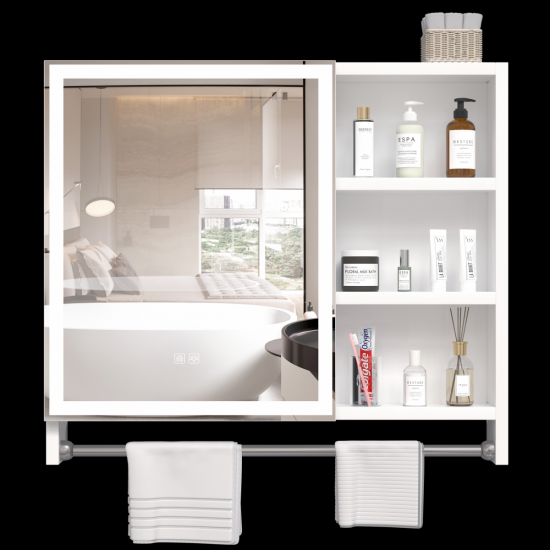 Modern 32x28inches bathroom cabinets, medicine cabinets with mirrors and LED lights, bathroom lockers with multilevel storage compartments and towel rails