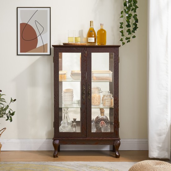 Cherry 2 Doors Curio Cabinet with Tempered Glass Doors, Curio Cabinets with Mirrored Back Panel and Adjustable Shelves, Lighted Display Cabinet for Home, Office Light Bulb Included Cherry