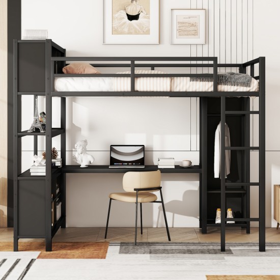 Metal Loft Bed with Wardrobe And L-shaped Desk, Full Size Loft Bed with Storage Cubes and Shelves, Heavy Duty Loft Bed for Kids Teens Adults, Black(Pre-sale date: August 10th)