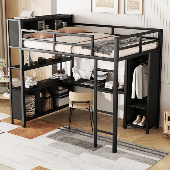 Metal Loft Bed with Wardrobe And L-shaped Desk, Full Size Loft Bed with Storage Cubes and Shelves, Heavy Duty Loft Bed for Kids Teens Adults, Black(Pre-sale date: August 10th)