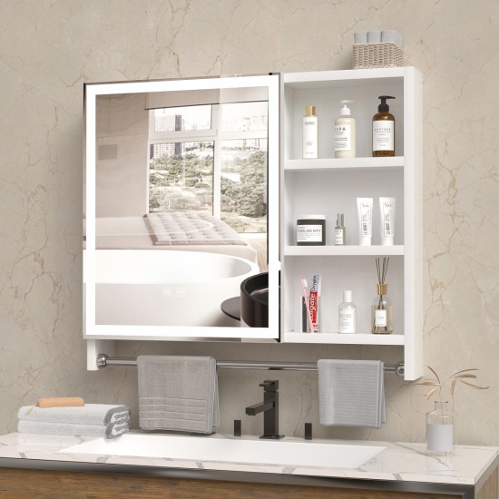 Modern 32x28inches bathroom cabinets, medicine cabinets with mirrors and LED lights, bathroom lockers with multilevel storage compartments and towel rails