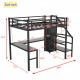 Twin XL Size Loft Bed with L-shaped Desk and USB, Metal Loft Bed with Wardrobe and Adjustable Shelf, High Loft Bed with LED for Kids Teens Adults, Black