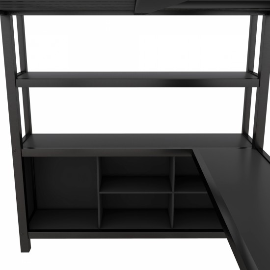 Metal Loft Bed with Wardrobe And L-shaped Desk, Full Size Loft Bed with Storage Cubes and Shelves, Heavy Duty Loft Bed for Kids Teens Adults, Black(Pre-sale date: August 10th)