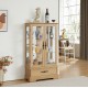 Glass Cabinet Lighted Glass Cabinet Curio Display Cabinet with Adjustable Glass Shelves 2 Doors and 1 drawer Cabinet Bulb Included OAK