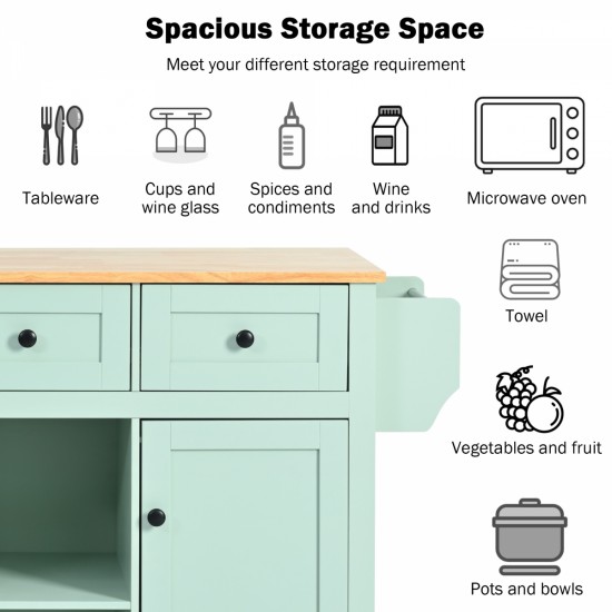 Kitchen Cart with Rubber wood Drop-Leaf Countertop ,Cabinet door internal storage racks,Kitchen Island on 5 Wheels with Storage Cabinet and 3 Drawers for Dinning Room, Mint Green