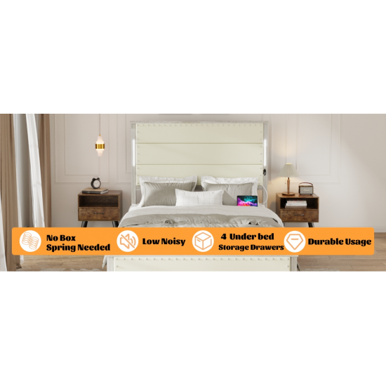 Queen Size Bed Frame with Upholstered Headboard and  4 Storage Drawers , Queen Bed Frame with Charging Station and LED Lights, Wood Slats, Beige Faux Leather & Rivets, No Box Spring Needed