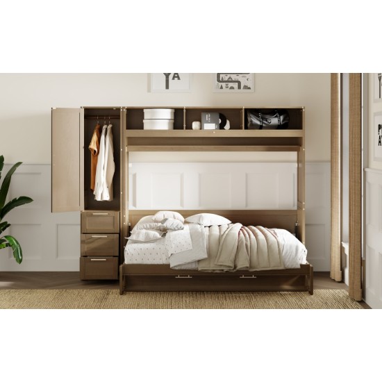 Full Size Murphy Bed with Wardrobe, Drawers and Open Shelves, Antique Grey(Expected Arrival Time: 8.15)