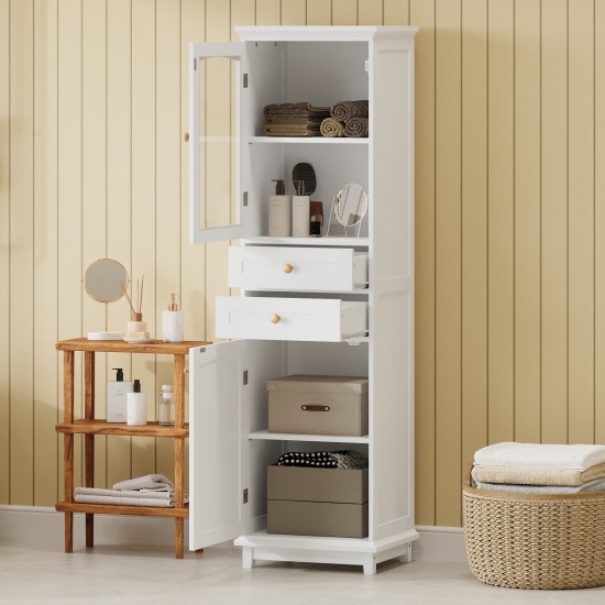 Tall Bathroom Storage Cabinet with Glass Doors, Free-Standing, Two Drawers, and Adjustable Shelves, MDF Board, Painted white - Perfect for Displaying Your Favorite Items