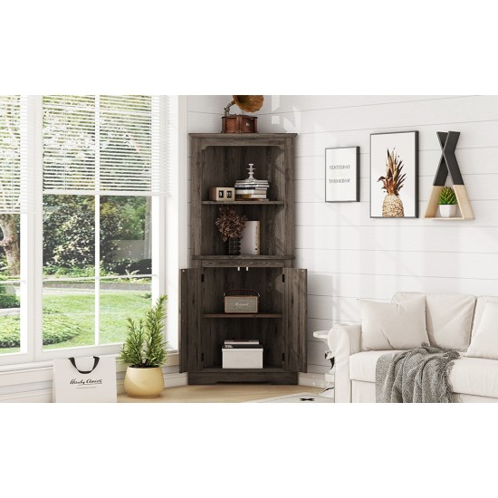 Tall Corner Cabinet with Doors for living room, bathroom,Dining Room or Kitchen,color:Dark walnut