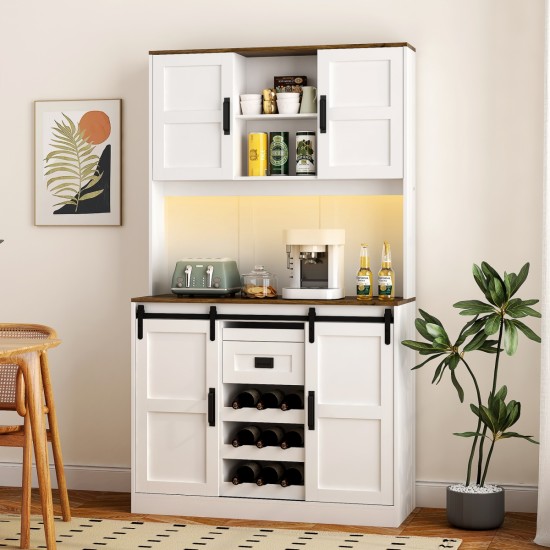 Farmhouse Bar Cabinet with Sliding Barn Door, Large Kitchen BuffetRustic Coffee Bar Sideboard Table,White