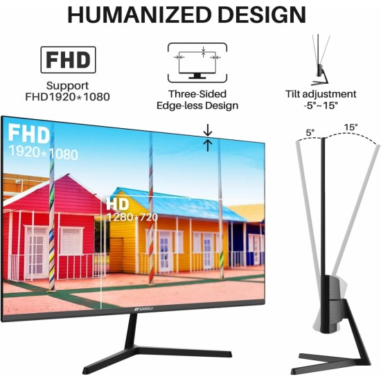 Sansui Monitor 24 inch FHD PC Monitor with USB Type-C, Built-in Speakers Earphone, Ultra-Slim Ergonomic Tilt Eye Care 75Hz with HDMI VGA for Home Office (ES-24F1 Type-C Cable & HDMI Cable Included)