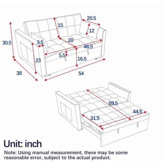 Sleeper Sofa, Convertible Sofa, Recliner, Bed, 3-in-1, 3-Position Adjustable Backrest, 2-Seater Sectional, Two Side Pockets, 2 Pillows for Living Room, Apartment, etc., Velvet Beige 54 Inch Wide.