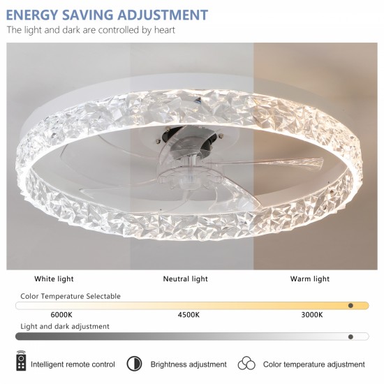 Modern Acrylic Ceiling Fan Light with Remote Control, Dimmable LED Chandelier, 6-Speed Adjustable, Quiet Motor, Flush Mount Design for Living Room, Bedroom, Dining Room