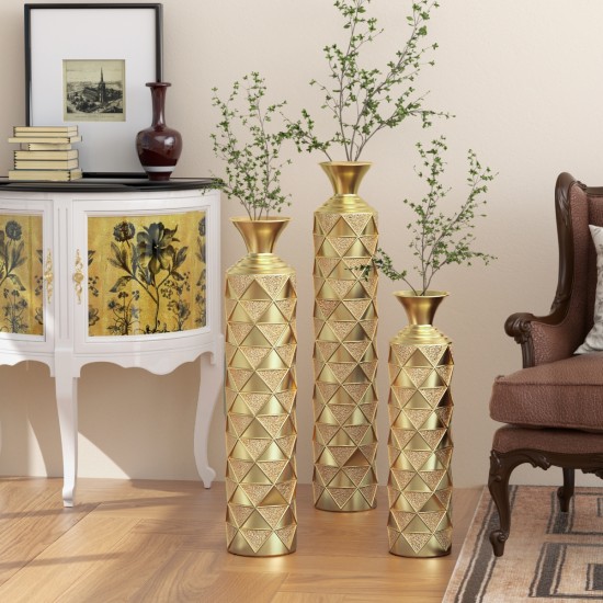 Metal decorative vase High Distress Metal center vase with 3D triangle pattern, set of 3 vases for home decoration 33.5  Inch, 29.5  Inch, 25.2  Inchhigh, gold