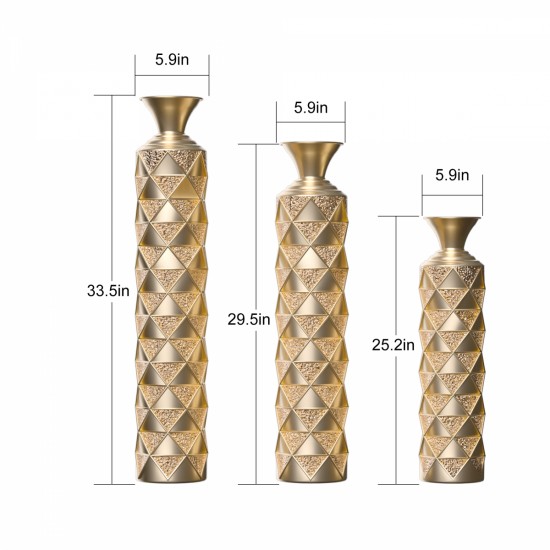 Metal decorative vase High Distress Metal center vase with 3D triangle pattern, set of 3 vases for home decoration 33.5  Inch, 29.5  Inch, 25.2  Inchhigh, gold