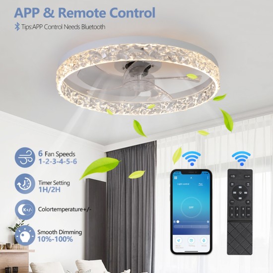 Modern Acrylic Ceiling Fan Light with Remote Control, Dimmable LED Chandelier, 6-Speed Adjustable, Quiet Motor, Flush Mount Design for Living Room, Bedroom, Dining Room