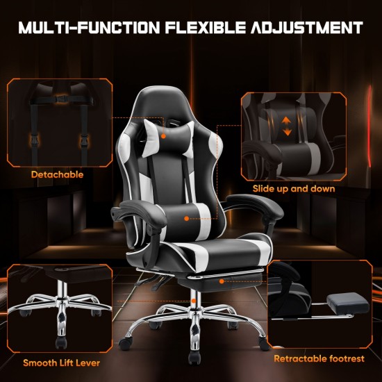 Video Game Desk Chair - Ergonomic Computer with Footrest and Comfy Lumbar Support, PU Leather Recliner with Headrest, Fixed Up Armrest, Height Adjustable with 360° Swivel, for Adults, white