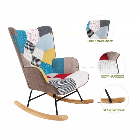 Rocking Chair with ottoman, Mid Century Fabric Rocker Chair with Wood Legs and Patchwork Linen for Livingroom Bedroom