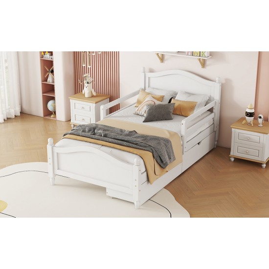 Twin Size Wood Platform Bed with Guardrails on Both Sides and Two Storage Drawers ,White