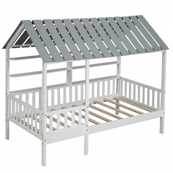 Wood Twin Size House Bed with Roof, Guardrail and Shelves, White