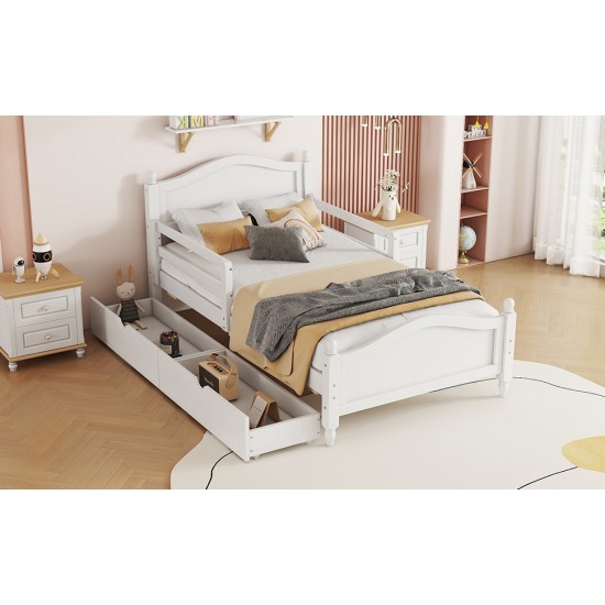 Twin Size Wood Platform Bed with Guardrails on Both Sides and Two Storage Drawers ,White