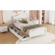 Twin Size Wood Platform Bed with Guardrails on Both Sides and Two Storage Drawers ,White