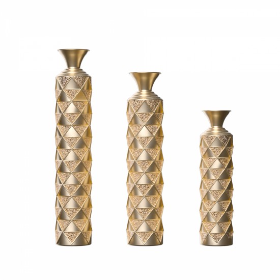 Metal decorative vase High Distress Metal center vase with 3D triangle pattern, set of 3 vases for home decoration 33.5  Inch, 29.5  Inch, 25.2  Inchhigh, gold