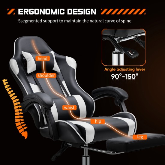 Video Game Desk Chair - Ergonomic Computer with Footrest and Comfy Lumbar Support, PU Leather Recliner with Headrest, Fixed Up Armrest, Height Adjustable with 360° Swivel, for Adults, white