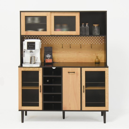 59 Inch H Buffet Sideboard Cabinet with Storage Door & Power Outlet, Farmhouse Coffee Bar Cabinet with Wine Rack, Kitchen Pantry Living Room Black&Natural