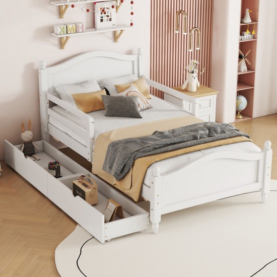 Twin Size Wood Platform Bed with Guardrails on Both Sides and Two Storage Drawers ,White