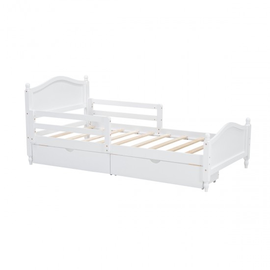 Twin Size Wood Platform Bed with Guardrails on Both Sides and Two Storage Drawers ,White